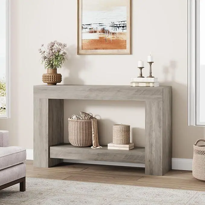 GARVEE Large Size 47" Farmhouse Console Table - 2-Tier Wooden Entryway Table with Storage, Home Decor Living Room Furniture