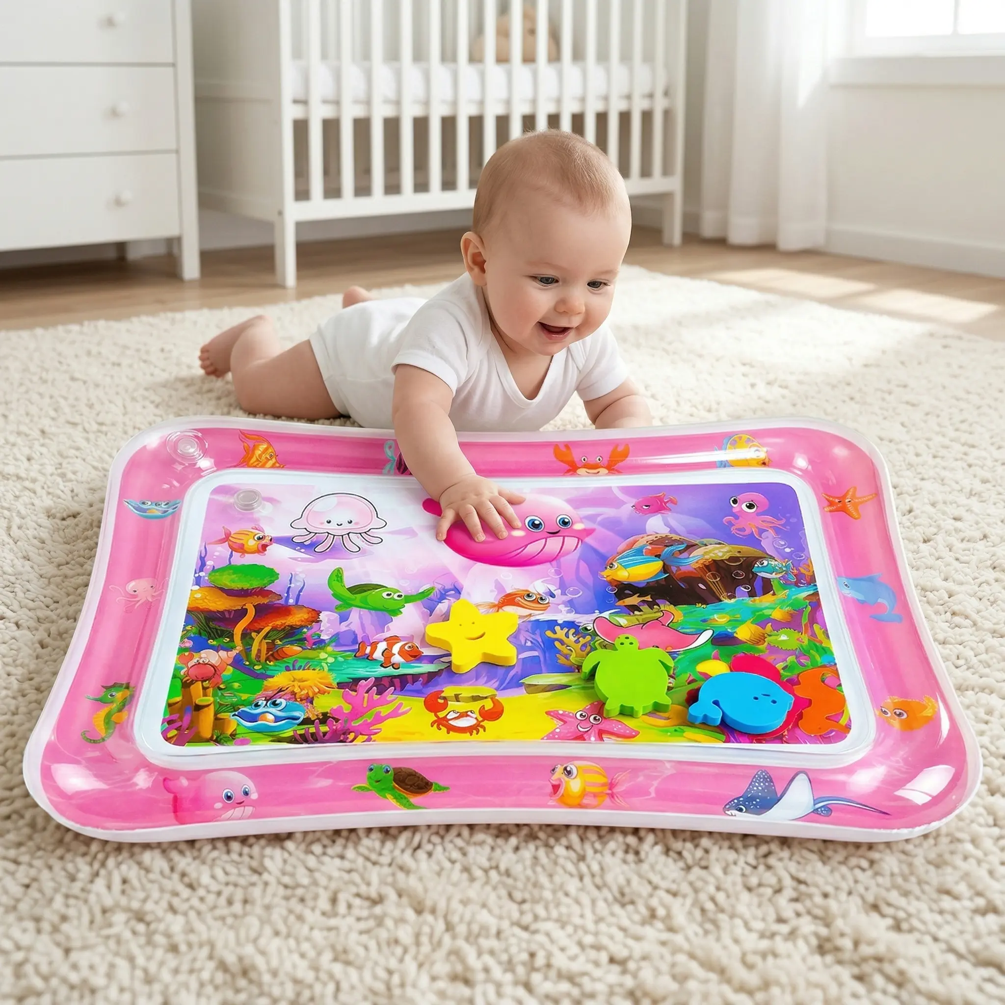 Unisex Rectangular Inflatable Tummy Time Water Mat for 3-24 Months Infants, BPA-Free Leakproof Baby Sensory Toy with Seabed Patterns, Sea Life Marine Theme for Pool Play, Infant Stuff