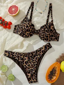 [HANOVER] Leopard Print Bikini Set, Vacation Beach Bikini Set For Summer