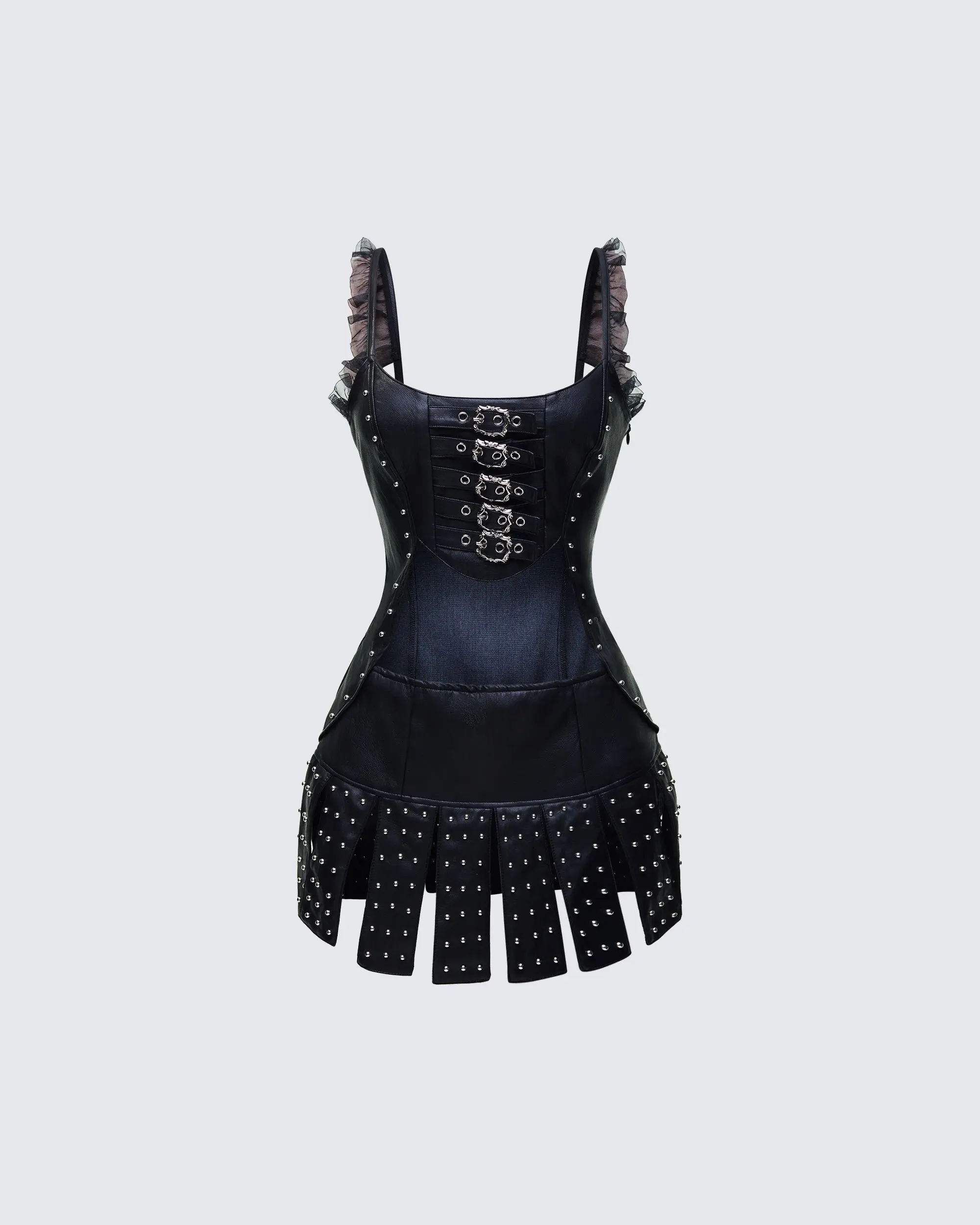 Women's Cirelle Black Vegan Leather Corset Mini Dress - Sleeveless, Strappy, Pleated Formal Design with Buckle, Stud for Festival Wear, Going Out