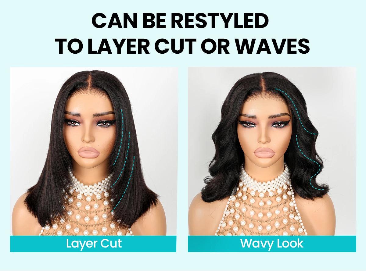 Wear & Go Yaki Straight Glueless Bob Wig Pull Go Pre Cut Lace Wig Natural Human Hair Wig Pre-Everything Wig #1B 180% Density Glueless Lace Black Yaki Bob Bleached Knots Wig SpringStatements