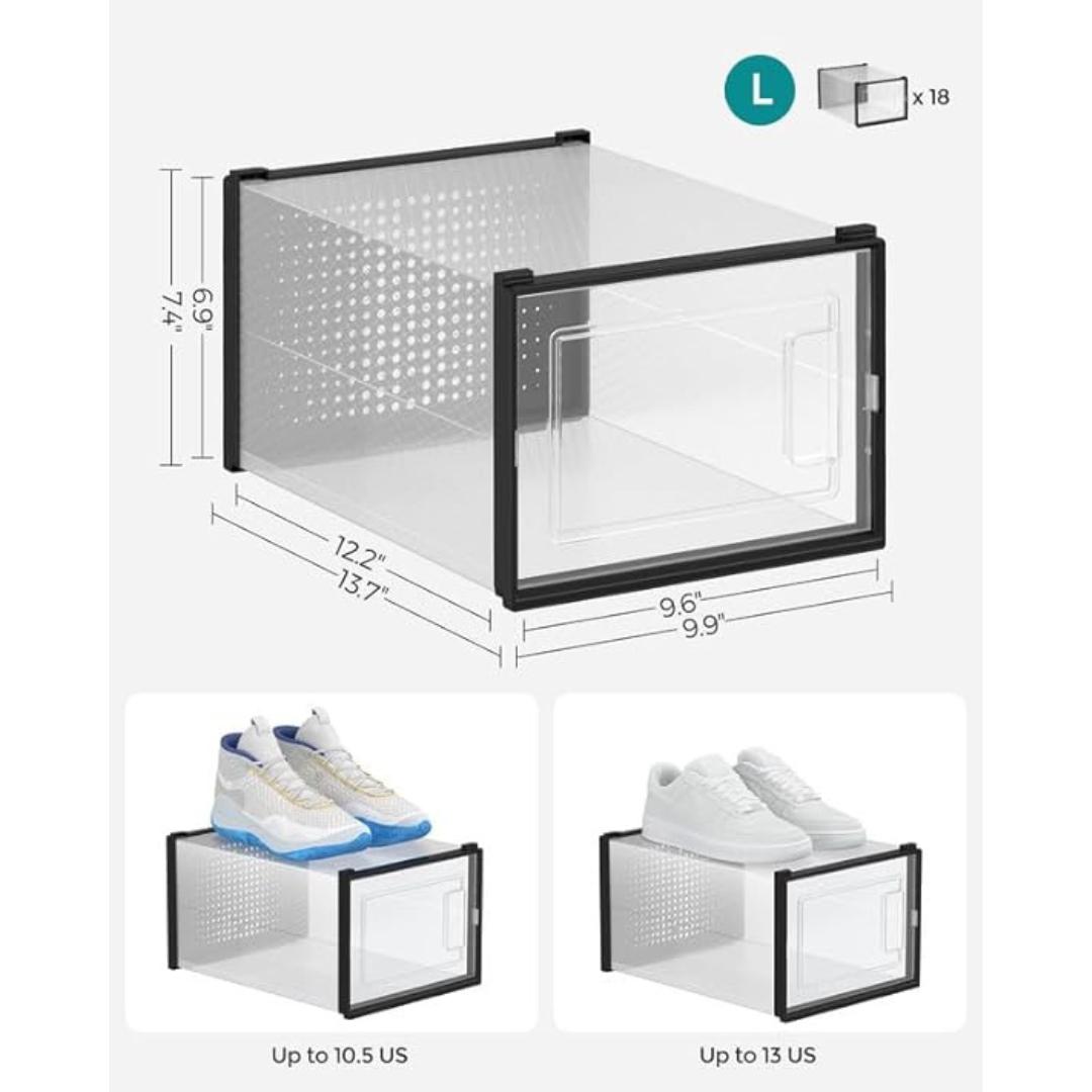 SONGMICS Plastic Shoe Boxes - Stackable, Foldable Closet Storage Organizers, Space-Saving Shoe Holder for Sneakers with 2 Sizes to Stack to Save Space