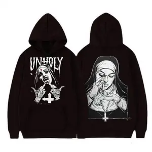 Unholy Nun Graphic Hoodie Edgy Gothic Streetwear for Alternative Fashion Lovers with Bold Artwork and Hood Design
