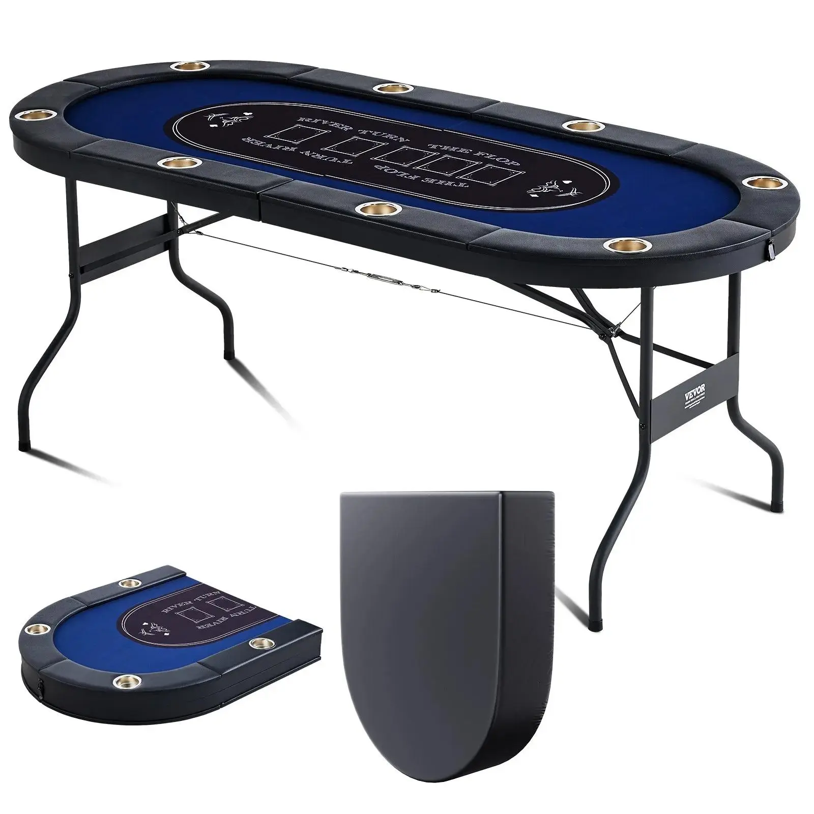 【SummerFinds】VEVOR 8 Player Foldable Poker Table, Blackjack Texas Holdem Poker Table with Padded Rails and Stainless Steel Cup Holders, Portable Folding Card Board Game Table, 72" Oval Casino Leisure Table, Blue
