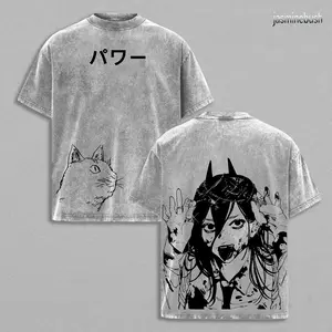 Power Chainsaw Man T-Shirt – Bloody Queen Vintage Washed Oversized Heavy Cotton Tee, Anime Manga Double Printed Graphic Top, Unisex Retro Streetwear Gift for Fans