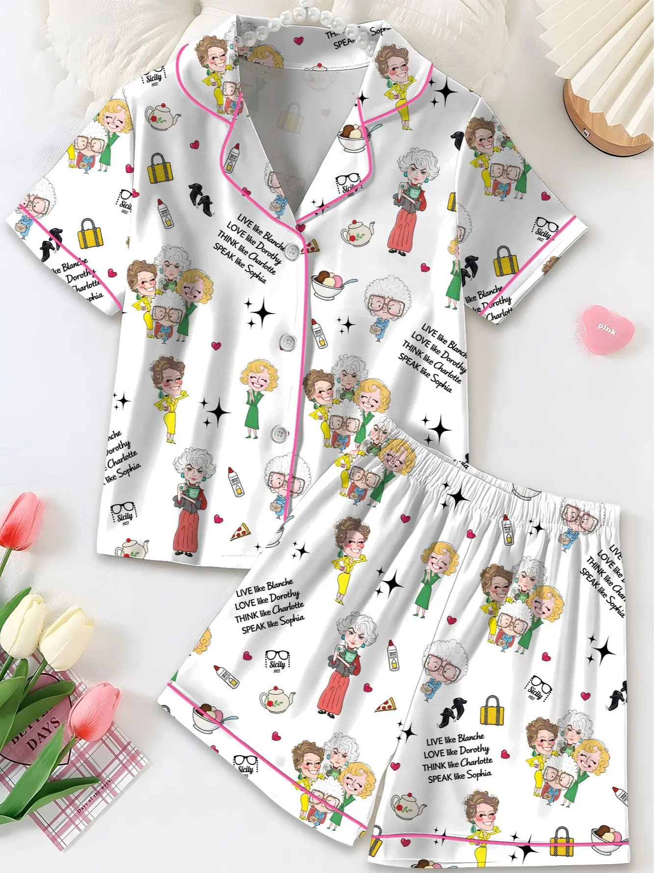 Golden Girl Satin Pajamas Set, Golden Girls Classic Role Printed Lapel Short Sleeve Shorts Pajama Set, Comfortable Wearable Party Gift Homewear, All Seasons Casual Style