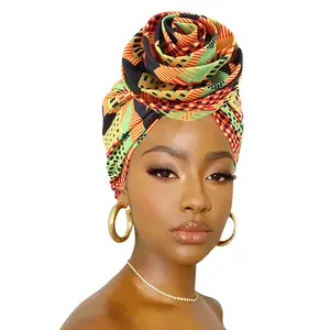 Lue's House African Print Stretch Bandana Head Wrap Long Scarf Satin Floral Ankara Dashiki Women Party Turban Headwear Cap Hair Accessories