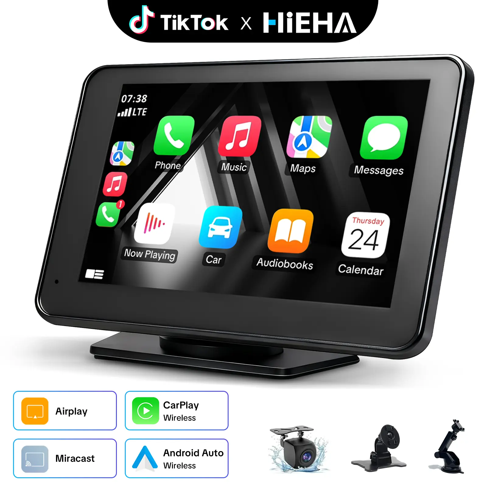 HiEHA 7-inch Carplay Radio Touchscreen, Wireless CarPlay Stereo & Android Auto Portable Unit, 12-24 Voltage, GPS Navigation, FM Transmitter, AUX, Bluetooth 5.2, Voice Control, Mirror Link, Backup Camera Compatible, Works with Many Car Models