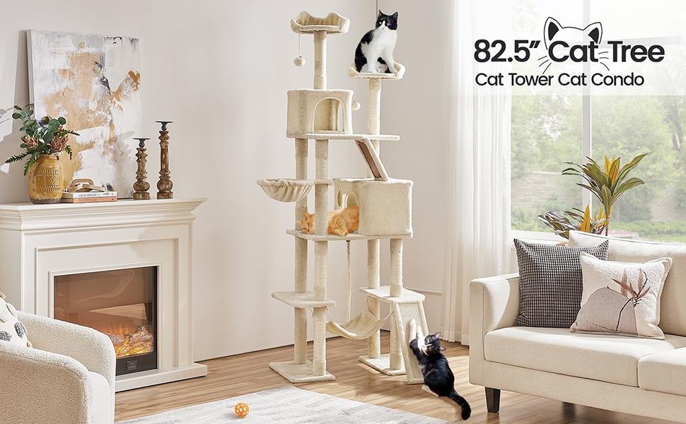 【On Sale】Yaheetech 82.5in Modern Cat Tree Large Tower w/Hammock 2 Kitty-Ear Perches 2 Cozy Condos Scratching Posts Basket Furniture for Large Cats Kittens Dark Gray Beige Light Gray Black Pink