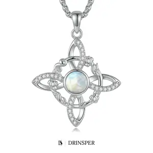 DRINSPER S925 Witch Knot Moonstone Celtic Knot Pendant Necklace for Women Men, 925 Sterling Silver Witches' Knot Charm with Triple Moon Trinity Knot Style, Wicca Pagan Gothic Jewelry for Daily Wear, Halloween, Ritual-Inspired Gifts