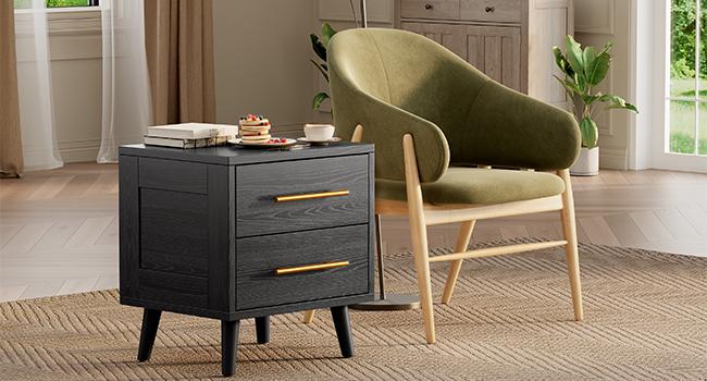 Gizoon Nightstand, Bedside Table with Metal Handles, Modern Wood Night Stand 2 Drawer Dresser for Bedroom, Black Furniture