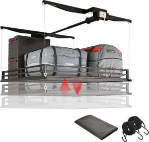 Overhead Garage Ceiling Storage Rack, Heavy-Duty Metal Lifting Organization System, Adjustable, 300lbs Capacity, Black (Openwork design)