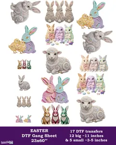 Easter DTF Gang Sheet: 17 Ready To Press Transfers - 23x60, 12 Big & 5 Small, Full-Color Printing, Same/Next Day Shipping Faux Yarn Gansheet
