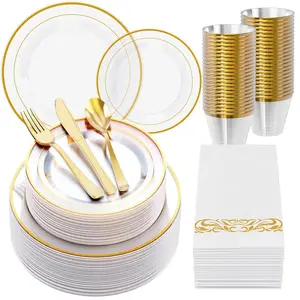 Gold Dinnerware Set | Plastic Plates for Salads, Desserts, Beverages | BPA Free Reusable Clear