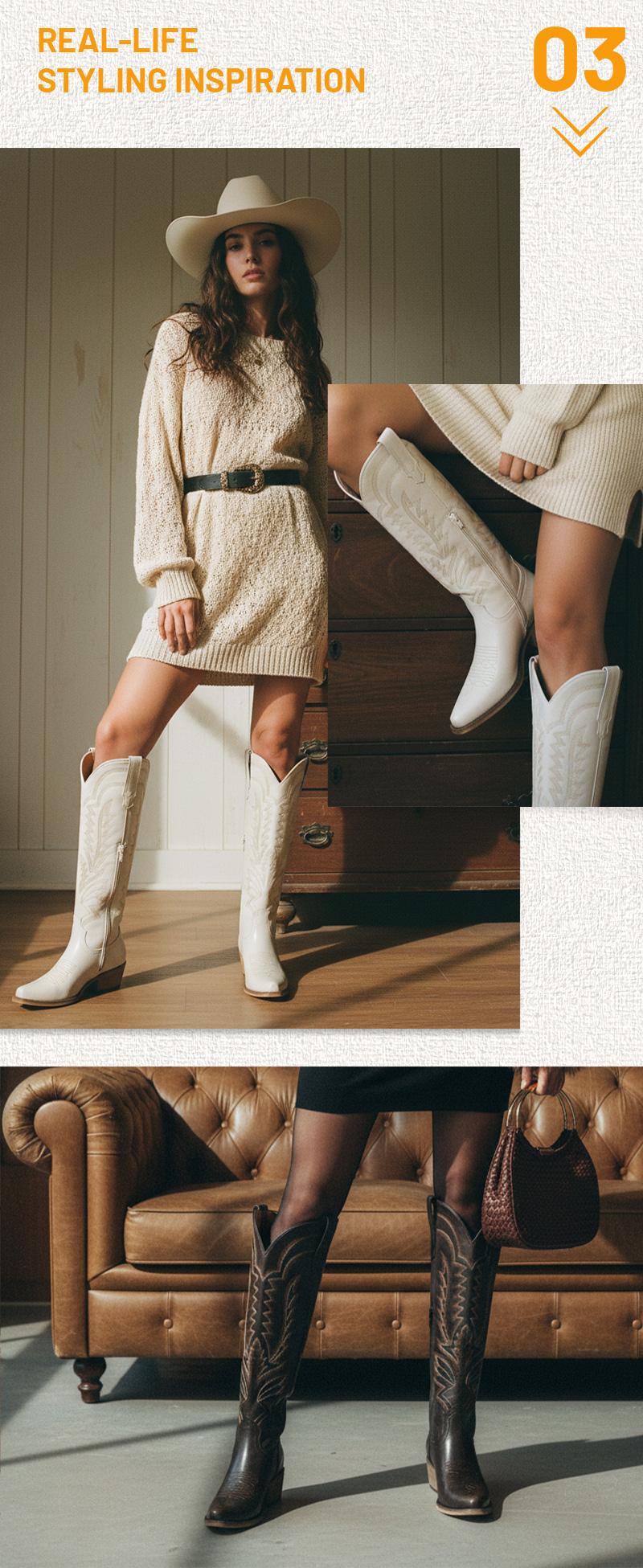 Western Style Knee High Cowgirl Boots with Embroidered Design for Women Side Zipper Snip Toe Comfortable Western Style