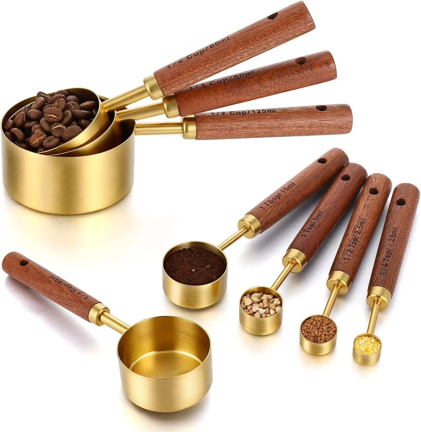 Premium 8-Piece Stainless Steel Kitchen Measuring Utensils Set - Sturdy Multi-Size Gold Cups (1 Cup Included) & Spoons with Wooden Handles, Dual Measurements for Baking & Cooking Dry/Liquid Ingredients