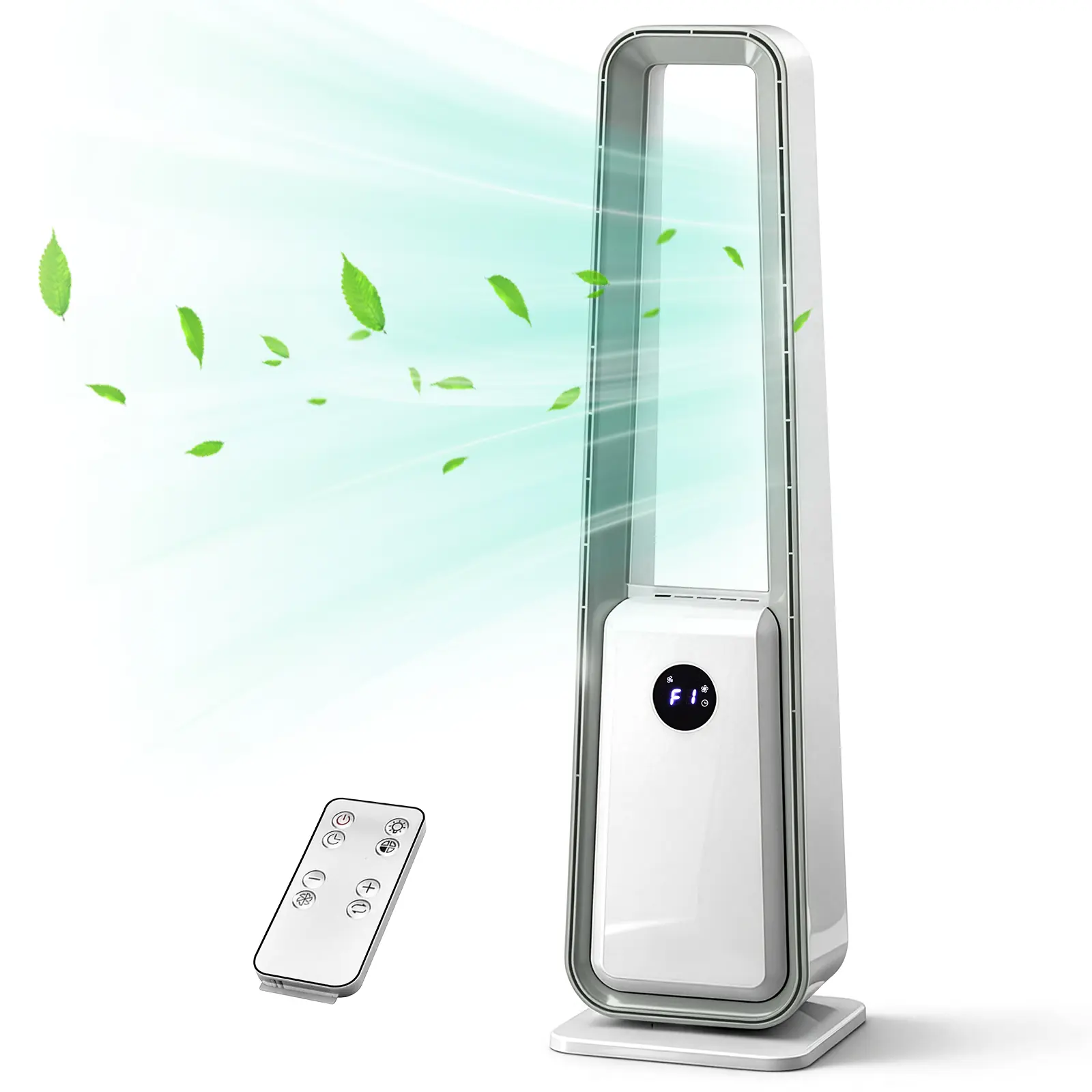 35 Inch Bladeless Fan with Air Purifier, Quiet Tower Fan with Remote and Timer, Oscillating Cooling Fan for Home Bedroom Office