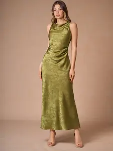 Azazie Elena Sheath Twist-Neck Floral-Jacquard Wedding Guest Evening Maxi Dress