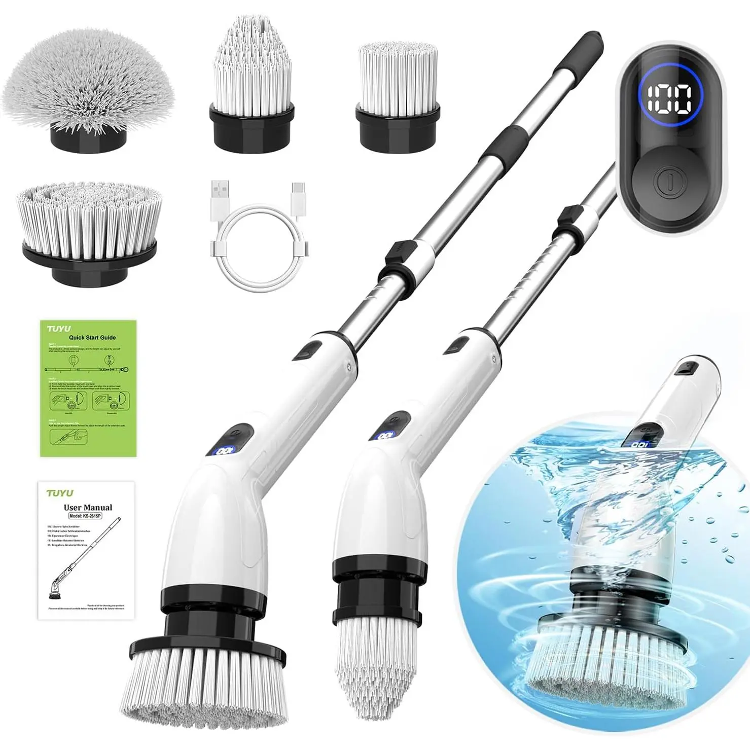 Electric Spin Scrubber, Full-Body IPX7 Waterproof Bathroom Scrubber with Power LCD Display, Adjustable Extension Handle, Cordless Shower Cleaner Brush for Bathtub Kitchen Wall Cleaning