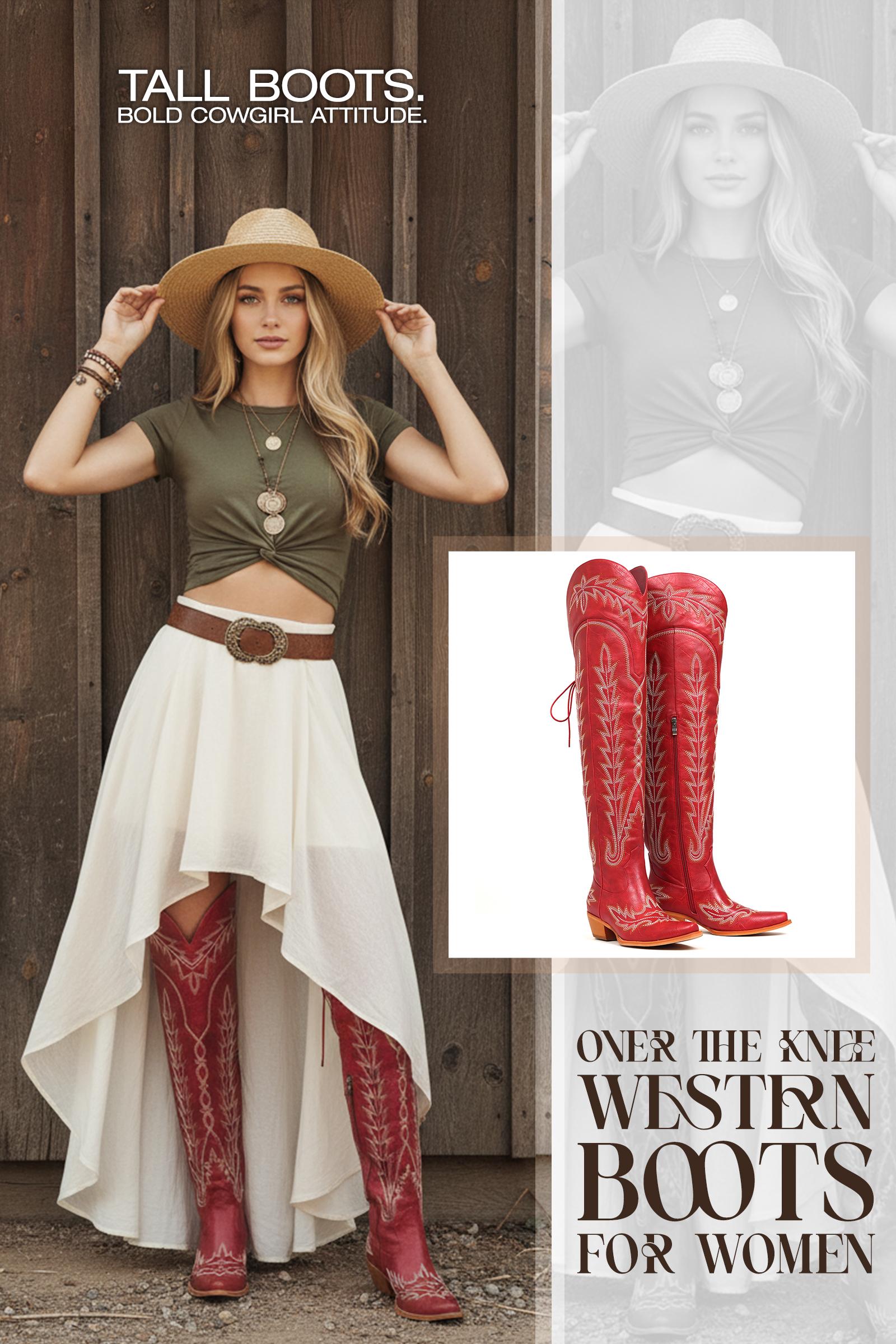 CELNEPHO Women Cowboy Boots Pointed Toe Back Lace up Western Embroidered Booties Block Heel Over the Knee Boots Easy Pull on Side Zipper Gift Horse Riding Country Cowgirl Cosplay Party Dress Shoes