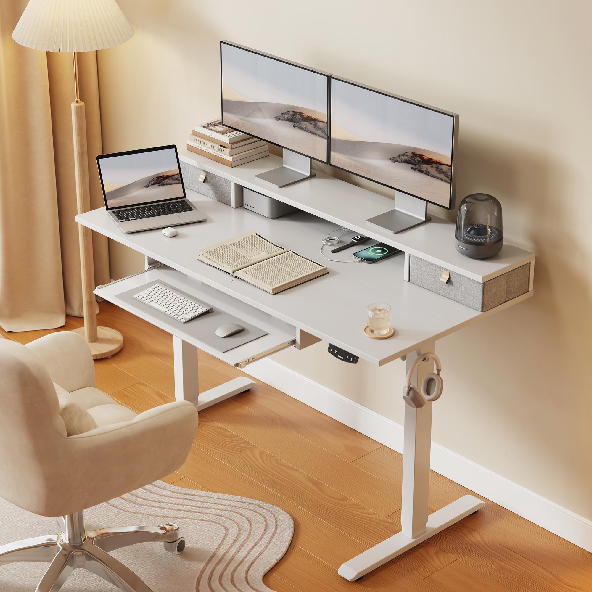 Agilestic Electric Standing Desk with Keyboard Tray and Drawers, Adjustable Height Stand Up Desk for Home Office, Game Table with 4 Memory Height Settings, 2 Headphone Hooks, Computer Workstation, Black