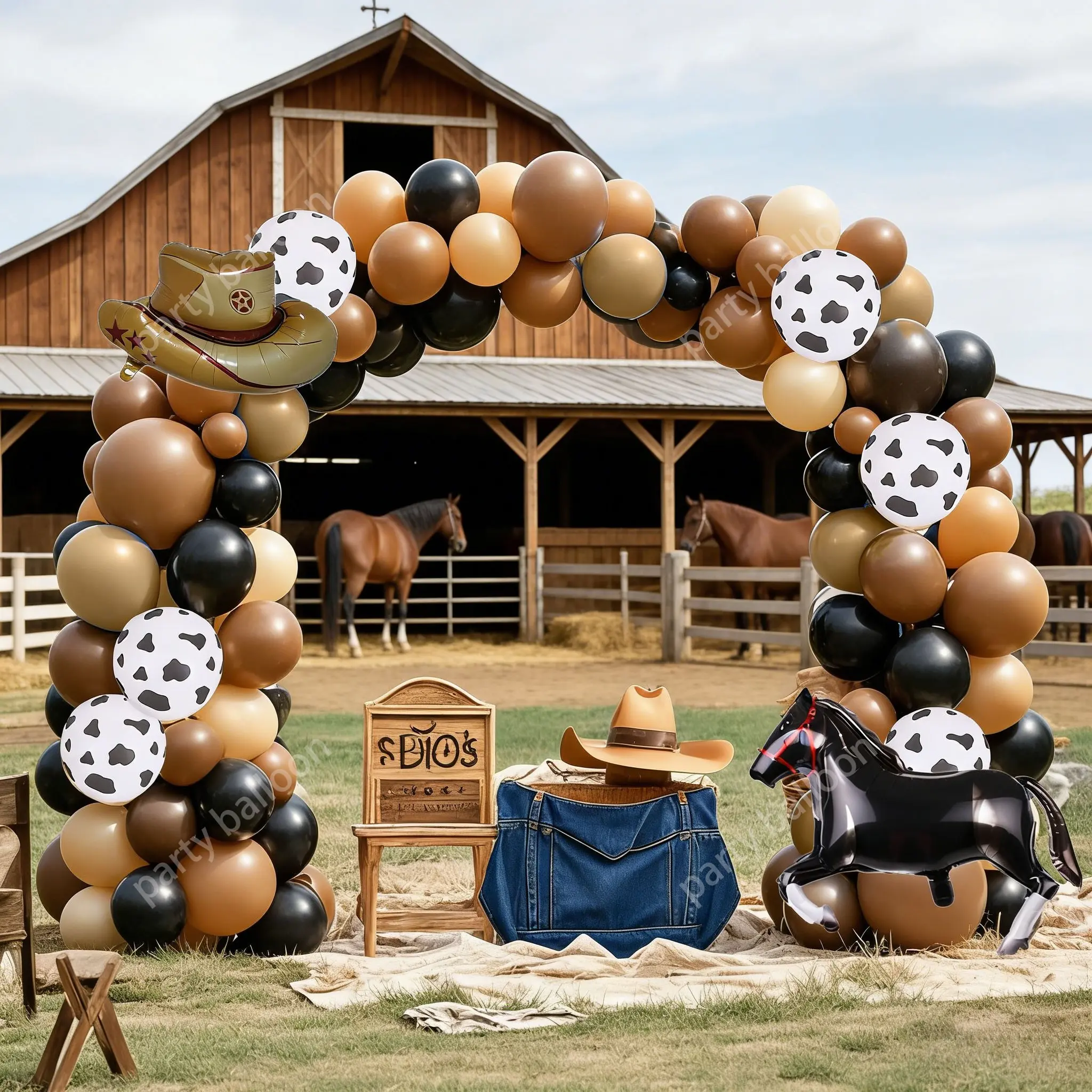 Western Cowboy Farm Theme Balloon Arch Set, 142 Pieces, Balloon Garland, Latex Balloons, Cow Hat, Horse Balloons, Party Decorations, Balloon Party Supplies, Balloon Garland Kit, Balloon Arch Kits