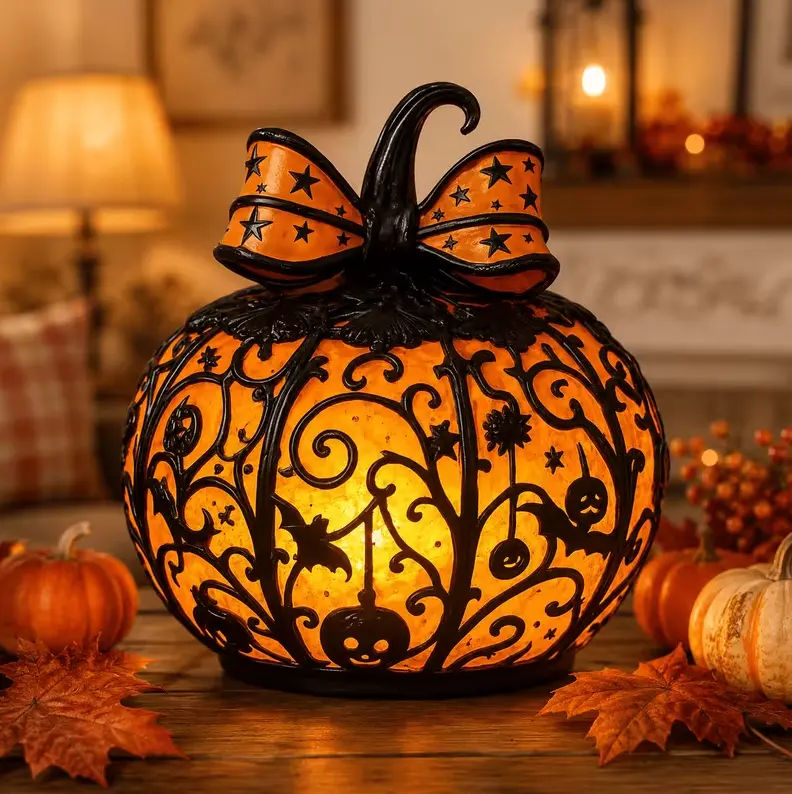 Illuminated Halloween Pumpkin Decoration - Elegant Bow, Filigree Metal Overlay, Spooky Warm Glow Night Light for Indoor Tabletop Fall Room Decorations, Holiday Gift for Home Living Spaces, Ornaments