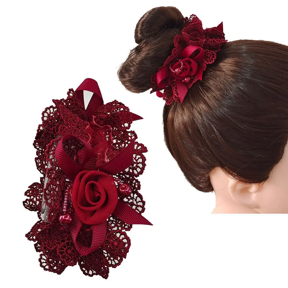 Women Lace Rose Flower Hair Scrunchie, Vintage Ribbon Pearl Bead Elastic Hair Tie, Multi Color Elegant Ruffled Lace Ponytail Holder, Soft Stretch Floral Hair Band For Daily Office Wedding Hairstyle
