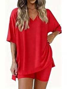 Women's 2 Piece Outfits Casual V-Neck Oversized T-Shirt and Biker Shorts Set Summer Loungewear Activewear Tracksuit