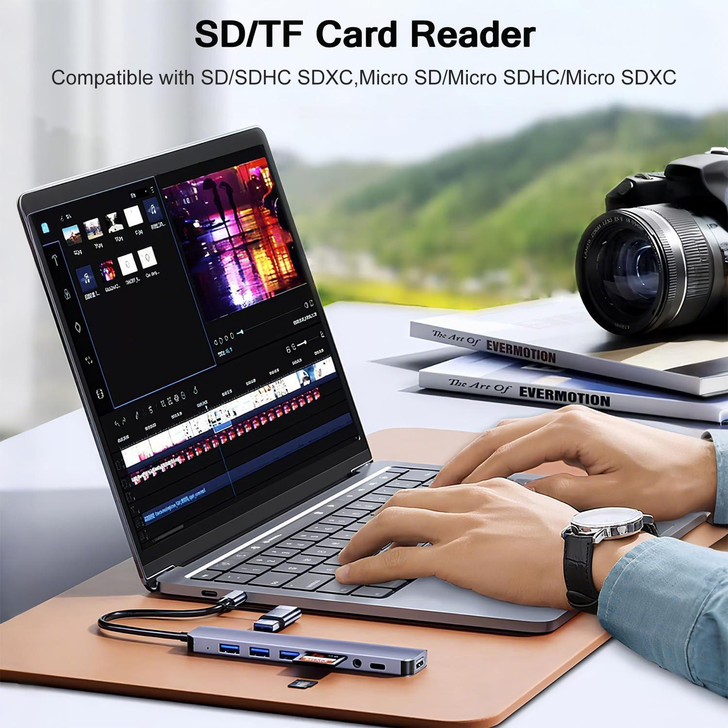 USB C Hub USB Hub 3.0, Aluminum 8 in 1 USB Extender with SD/TF Card Reader, 3.5mm Aux Headphone Jack for MacBook Pro Air and More PC/Laptop/Tablet Devices