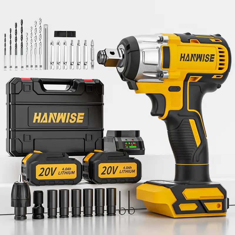Cordless electric impact wrench, equipped with rechargeable battery, charger, and various sizes of hexagonal sockets. Can be used for vehicle maintenance, engineering equipment repair, and home backup.