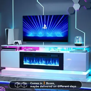 【2 Packages Shipping】oneinmil 70" Fireplace TV Stand Modern Entertainment Center for TVs Up to 80" with Storage Cabinets & RGB Light Strips Black TV Stand and Electric Fireplace