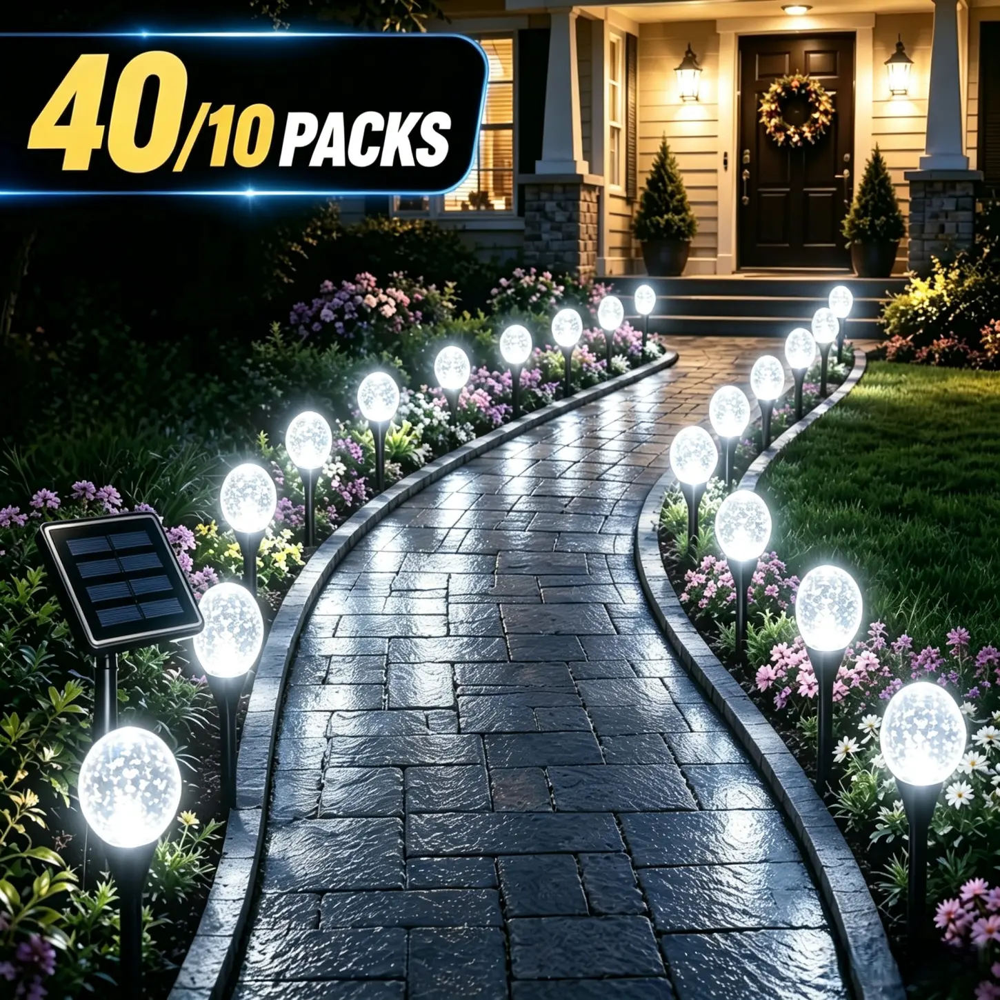 40/10 solar garden decorative light strings, solar white icicle lights, IP65 outdoor solar lawn lights with crystal bubble design, 8 lighting modes, suitable for courtyard paths, terraces, camping, parties, weddings, holiday decoration