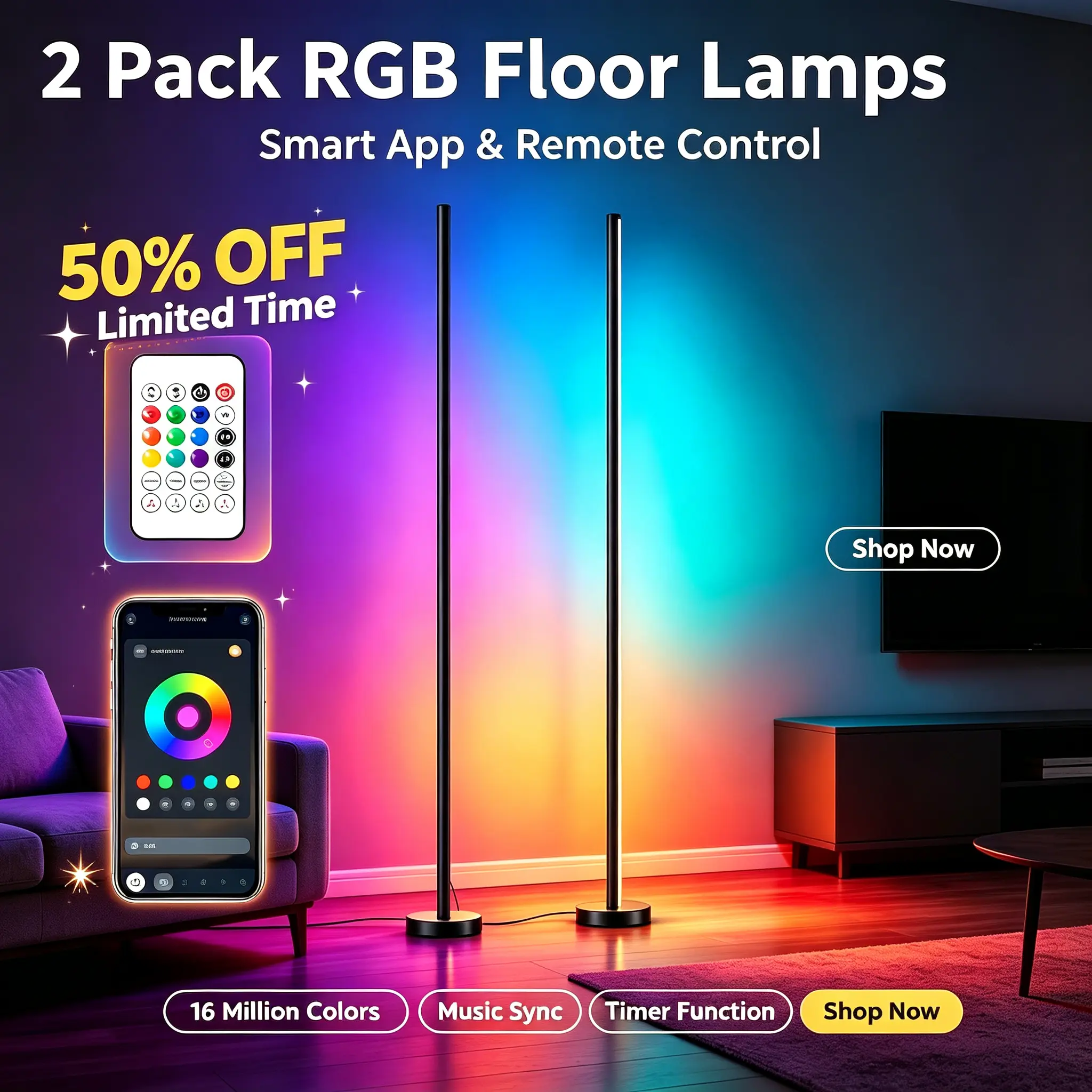 Smart RGB Corner Floor Lamp | 16M Colors LED Standing Mood Light, Music Sync, App & Remote Dimmable, Perfect for Gaming Room Bedroom Living Room Decor #GamingRoomDecor #MoodLight #SmartLamp #CornerLamp