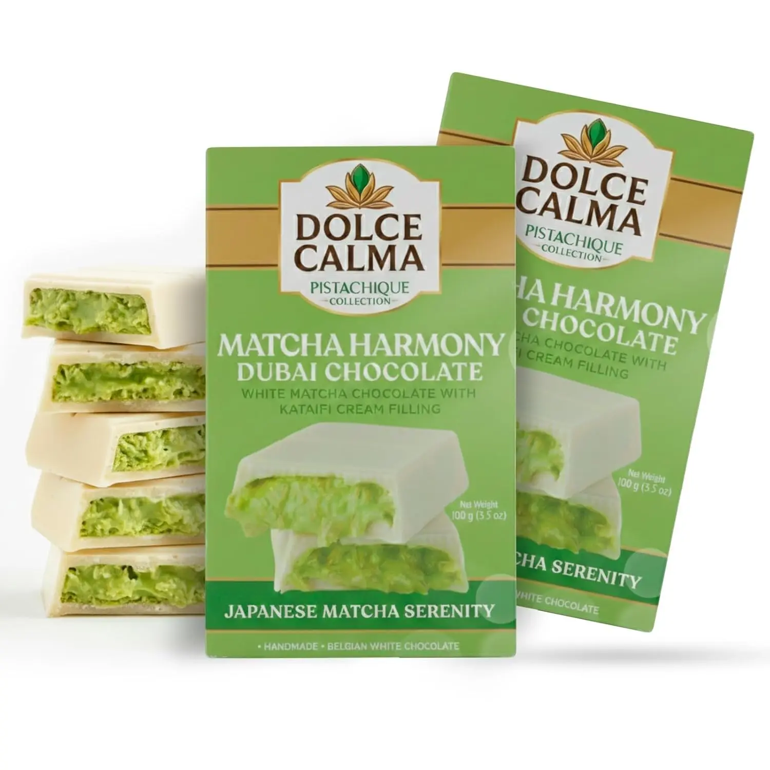 Dolce Calma Matcha Dubai Chocolate Bar Pack of 2 (100g/3.5oz) - Authentic Handmade Belgian Chocolate, Turkish Pistachio, Crispy Kataifi Kunafa Filling, No Palm Oil, Shipped with 2 Ice Gel Packs