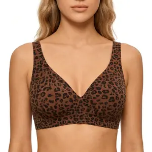 Jelly Wireless Womens Comfortable Wireless Bras Push Up Bralettes Seamless Tshirts Bras Deep V Everyday Bras Women's Seamless Wireless T-Shirt Bra soft intention Leopard front clasp Bras