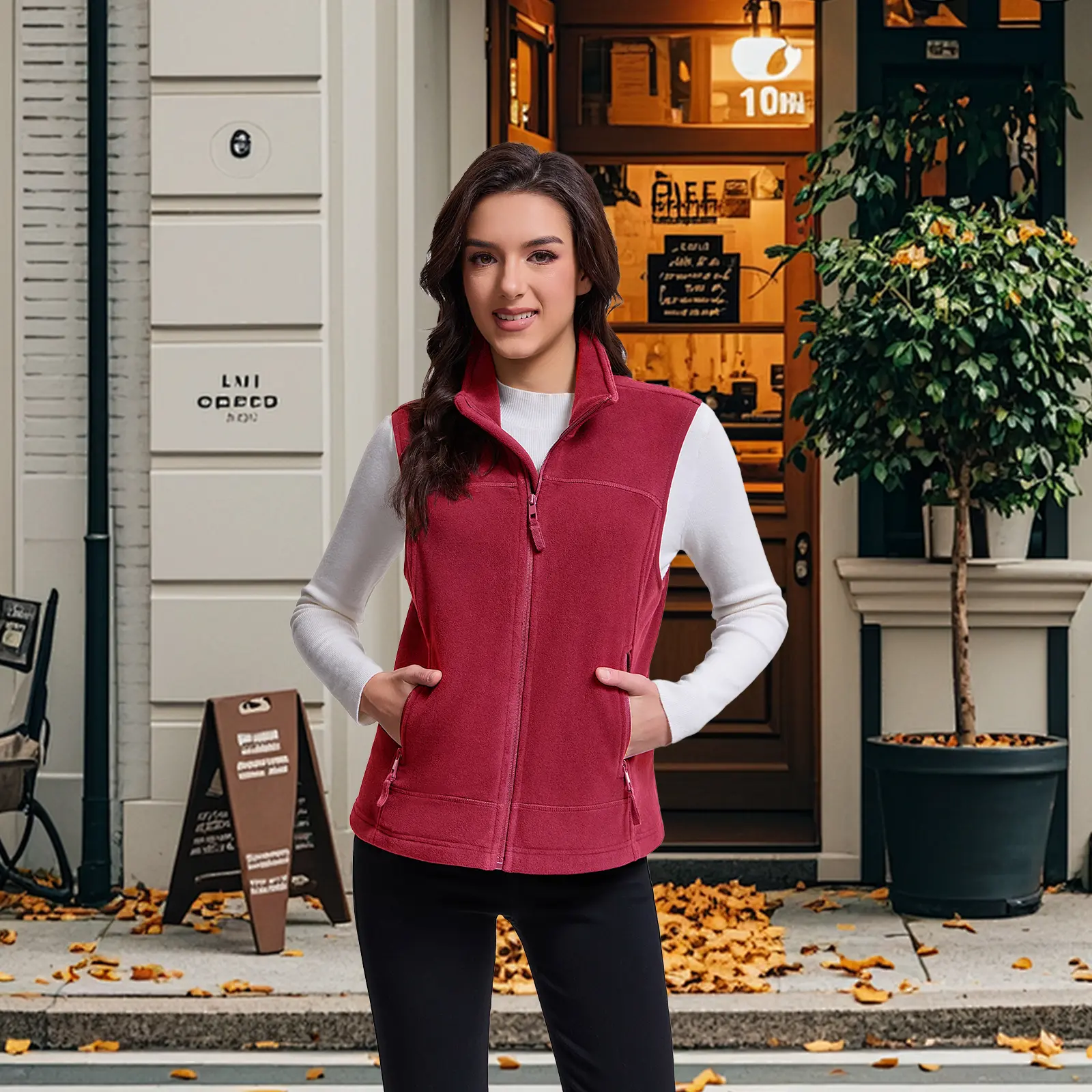 Women's Polar Fleece Vest - Sleeveless Full-Zip Slim Fit Outerwear with Stand Collar, Pockets, Casual Layering Top for Outdoor & Everyday Use, Soft Winter Minimalist Women's Clothes, Lady, Basic, Polyester, Solid, All Seasons, Mid Length, Slim-Fitting, Co