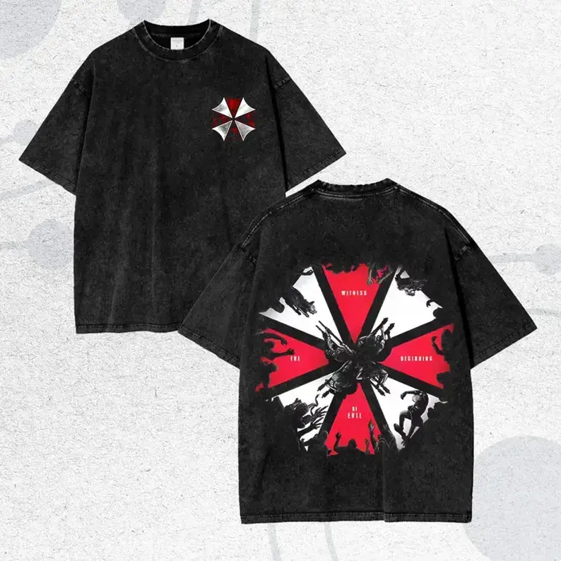 Men's Black Washed Pure Cotton Short-Sleeve Round Neck Menswear T-Shirt - Resident Evil Umbrella Zombie Print, Loose Casual Streetwear for Horror Game Lovers, Shortsleeve