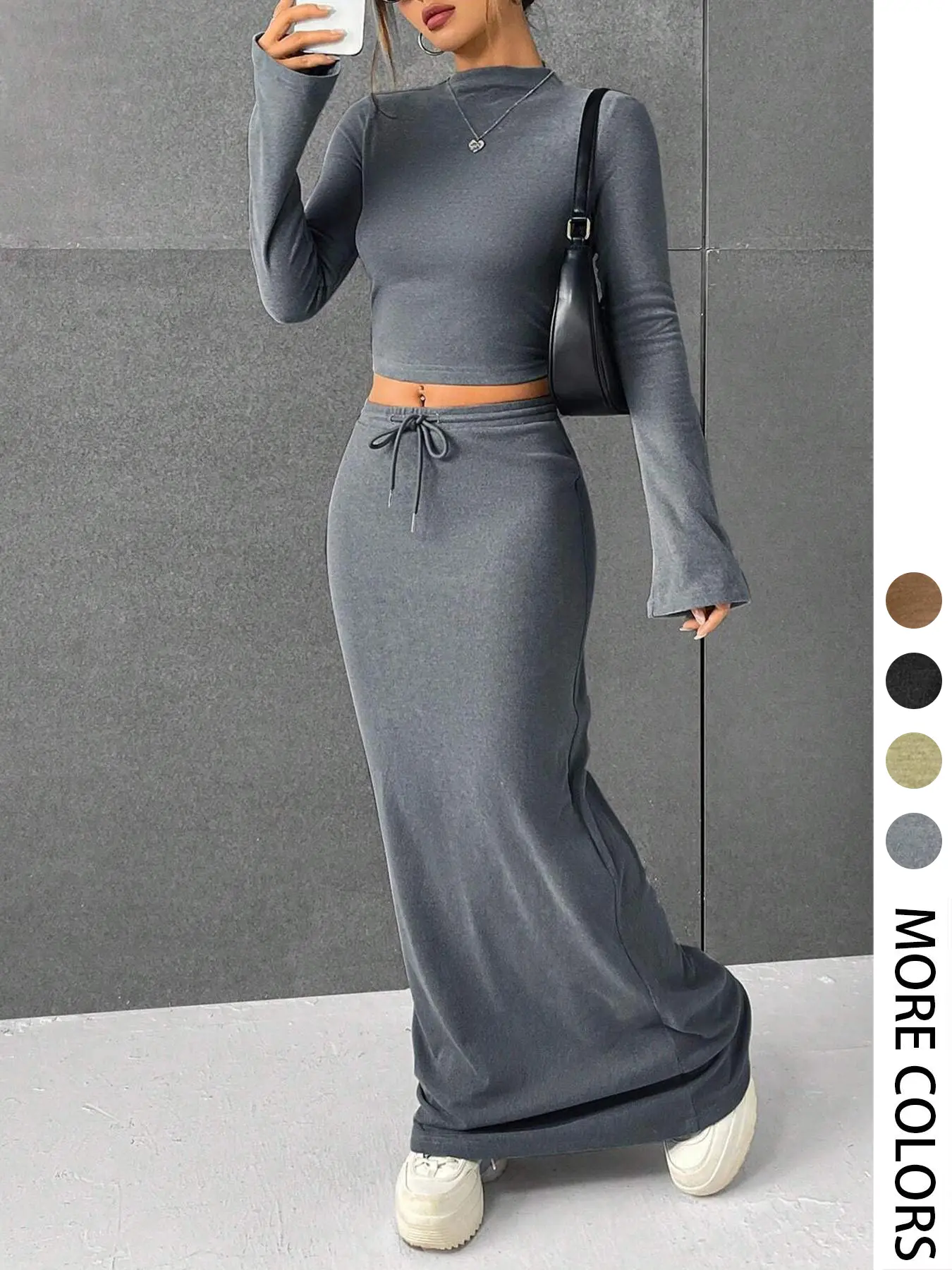 Women's Solid Knit Fabric Fitted Flounce Long Sleeve Cropped Top Tee & Adjustable Drawstring Skirt Two-piece Skirts Set for Daily Casual Outdoor Wear, Women's Clothing for Spring & Fall Womenswear