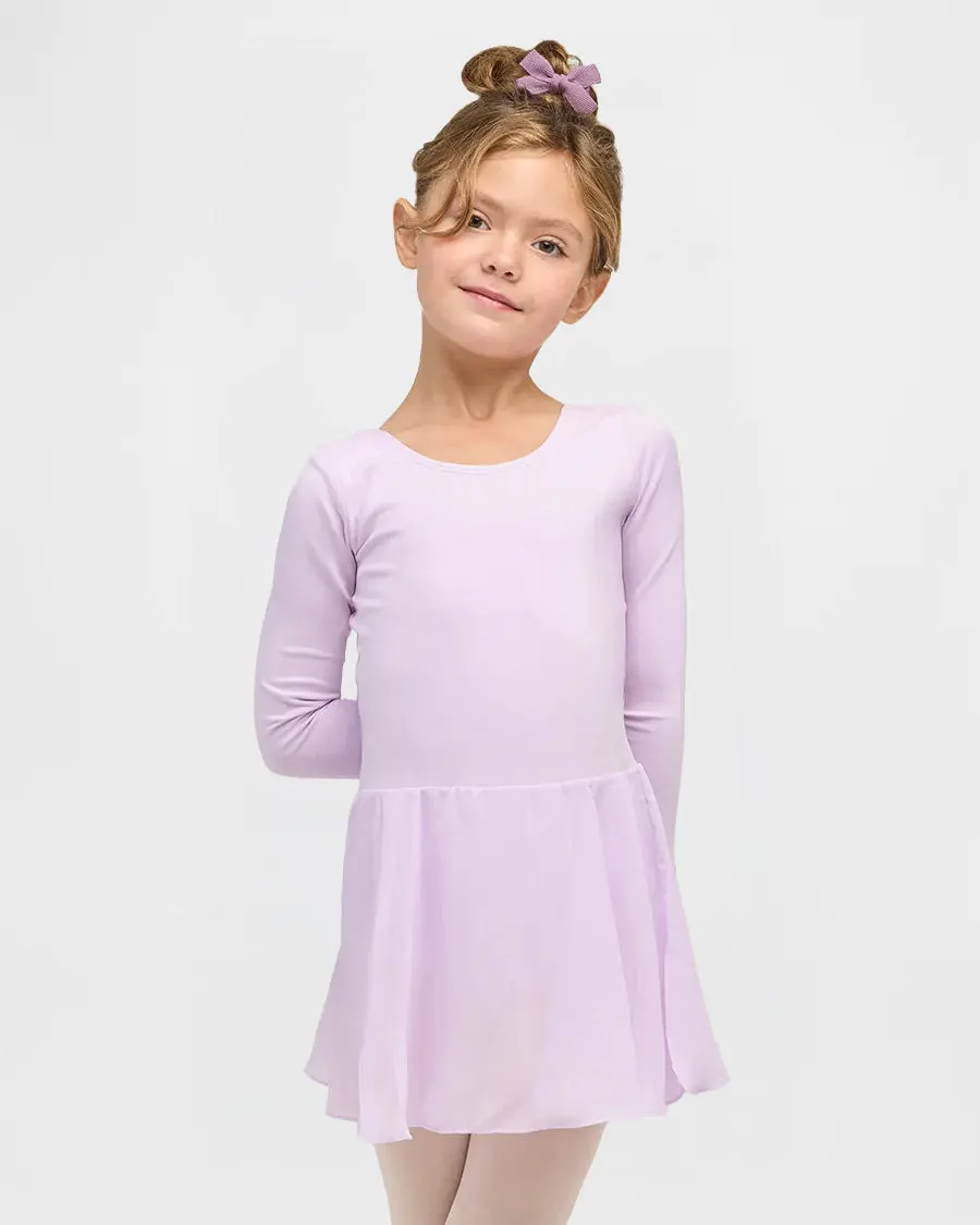 Girls' Classic Cotton Long-Sleeve Leotard Dress with Attached Sheer Skirt - Dancewear for Gymnastics, Performances