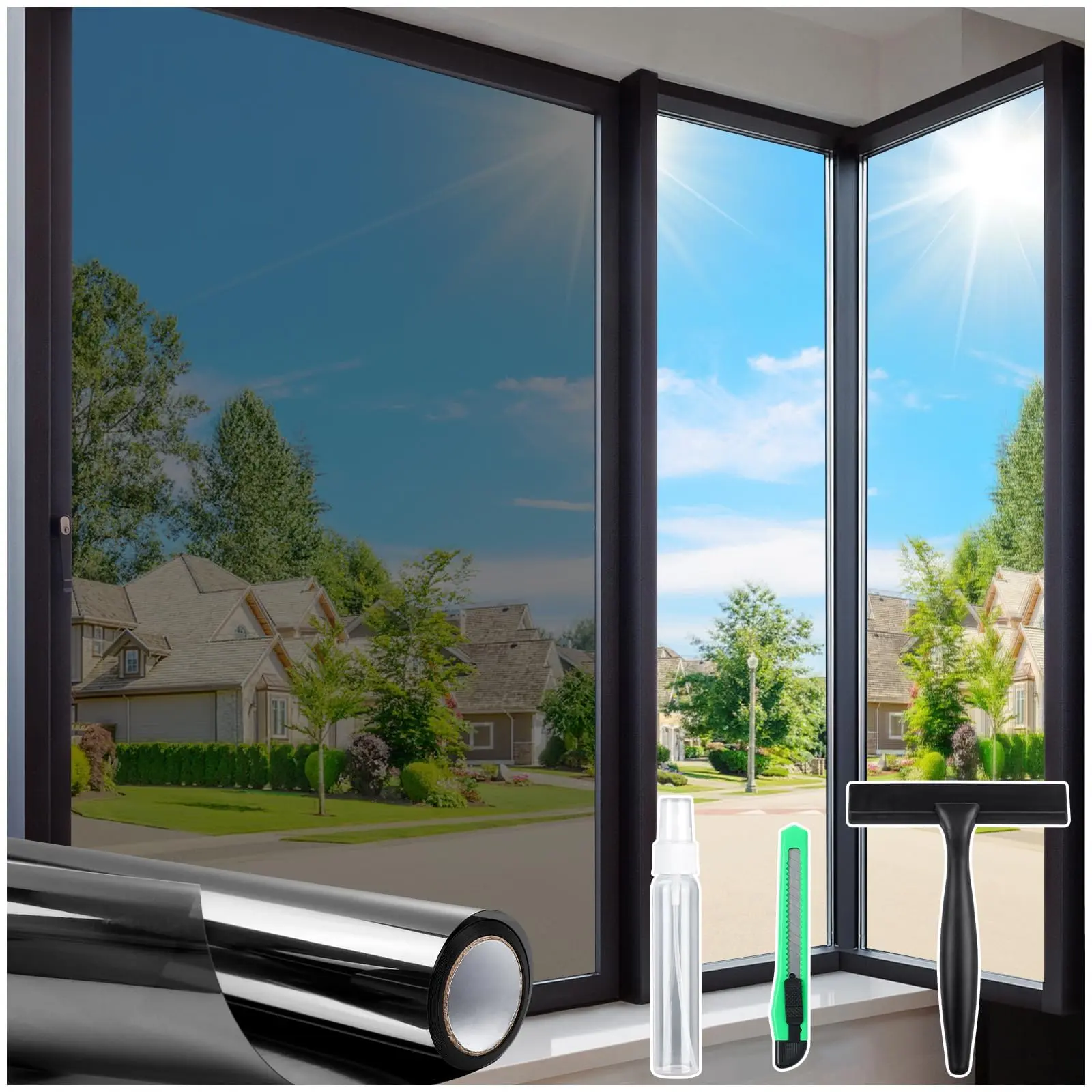 Privacy Window Stickers & Films, 17.5x78.7in Black Home Sun Shade UV Film, Daytime Reflective Heat-Blocking Mirror Glass Covering, 1-Way See Out Not In, Non-Transparent Window Tint for Home