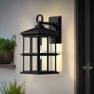 Farmhouse Outdoor Wall Lantern, Black Metal Frame with Clear Glass Shade,