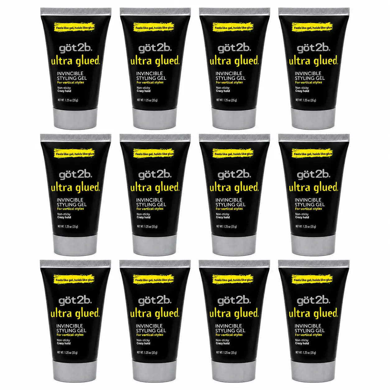 got2b Ultra Glued Invincible Styling Gel 1.25oz (Pack of 12) Strong Hold Hair Gel for Edges, Wigs & Sleek Styles | Non-Sticky No-Flake Formula