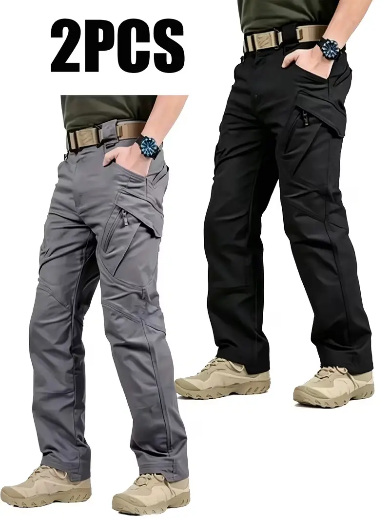Men's 2-Piece Tactical Cargo Trousers, Menswear, Mid-Rise Zip Tailored Fit, Multi-Pocket, Durable Breathable Polyester, All-Season, Stylish Casual, Ideal for Construction Work.
