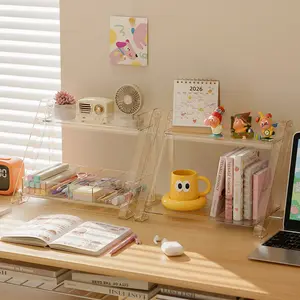 UFORU Folding Desktop Storage Rack，Clear Desk Organizer with Removable Partitions, Foldable 2-Tier Desktop Storage Rack, PET Compartment Shelf for Pens, Notebooks, Books, Planner and Office Supplies summerwins