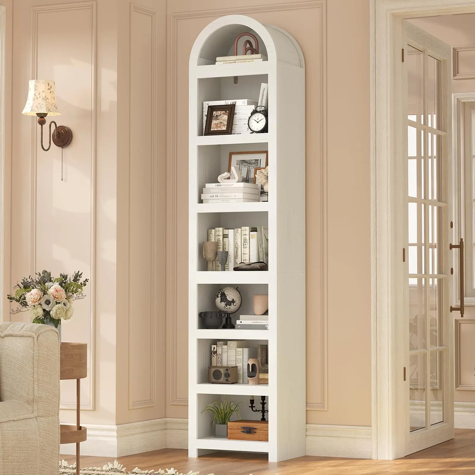 76" Tall Narrow Arched Contemporary Bookshelf - 7-Tier Durable Space-Saving Slim Storage Cabinet with Adjustable Shelves, Above 25 kg Capacity, for Book Organization in Living Room, Home Office (White), Arch, Engineered Wood