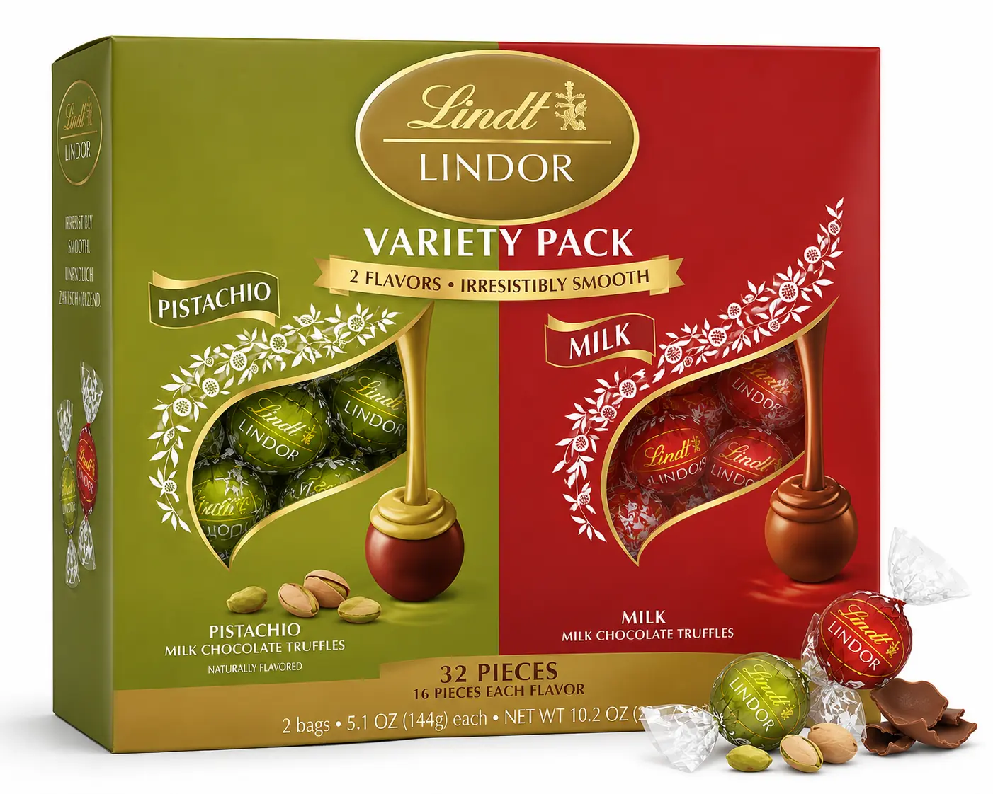 Lindt LINDOR Milk Chocolate & Pistachio Milk Chocolate Candy Truffles Variety Pack, Assorted Gourmet Chocolate Truffles, 10.2 oz (2 x 5.1 oz Bags)