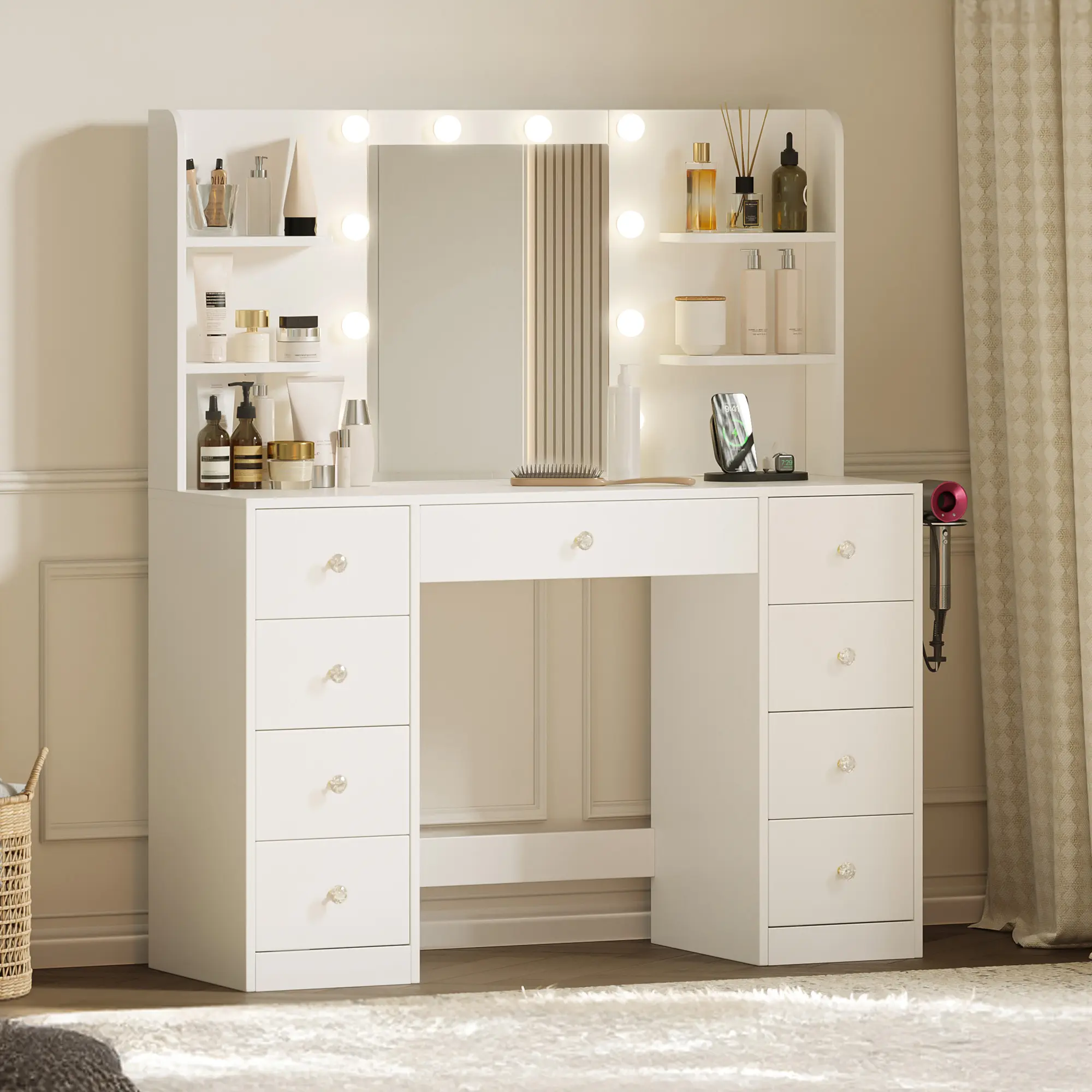 [DealsForYouDays] Makeup Vanity Desk with Mirror&Lights,9 Drawers&6 Storage Shelves,Dressing Table Power Outlet, 3 Color Modes&10 LED Bulbs for Girls Bedroom,Perfect Gift for Her – bedroom essential