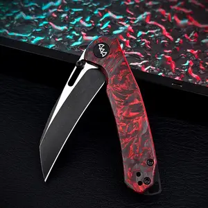WIXCO EDC Folding Knife with 14C28N Blade – Black Stonewash Finish, Red Shredded Carbon Fiber Handle, Liner Lock, Ball Bearing Pivot, Lightweight Pocket Knife with Reversible Clip, Perfect for Outdoor & Camping