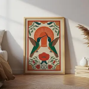 Scandinavian Hummingbird Folk Art Print Nature Wall Decor, Printable Wall Art, Neutral Home Decor